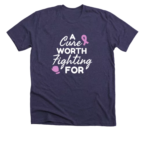 A purple t-shirt with a pink cancer ribbon and white font.