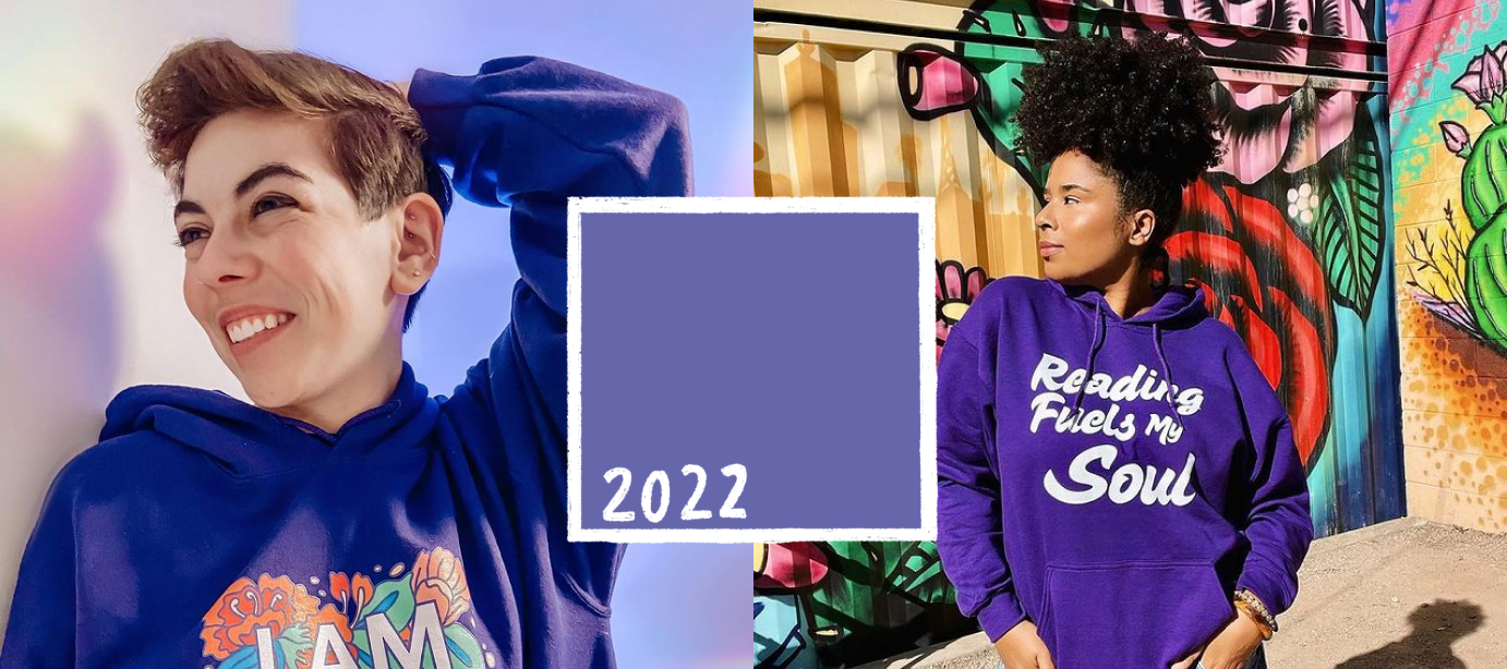 Women wearing Very Peri inspired custom sweatshirts.