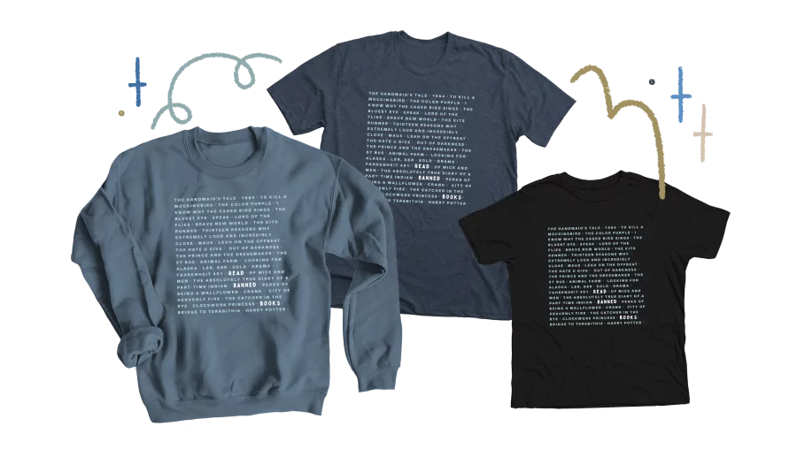 The Meridian Library foundation’s Read Banned Books merchandise, featuring long and short-sleeved shirts in neutral colors with the titles of banned books written on them.