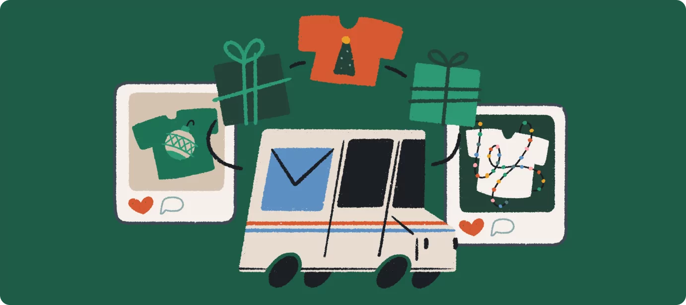 Festive mail truck surrounded by holiday gifts and christmas-themed shirts.