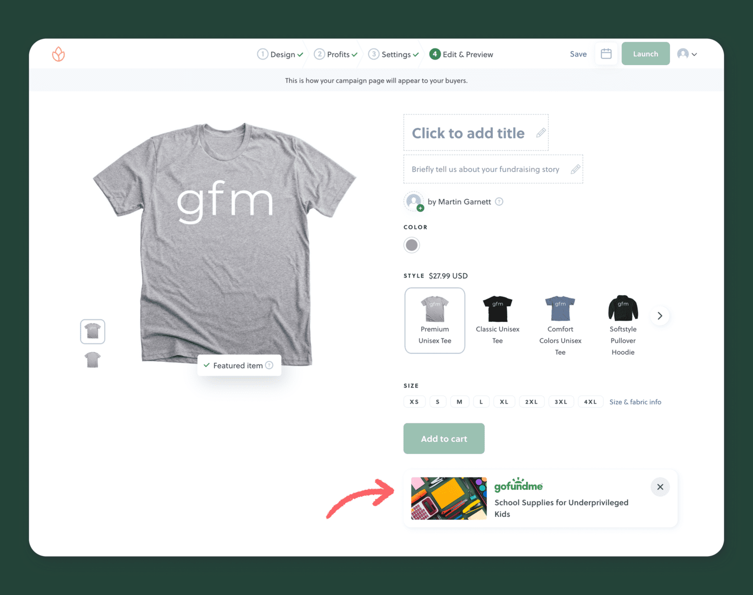 Campaign page preview for a fundraising T-shirt with product options and an Add to cart button