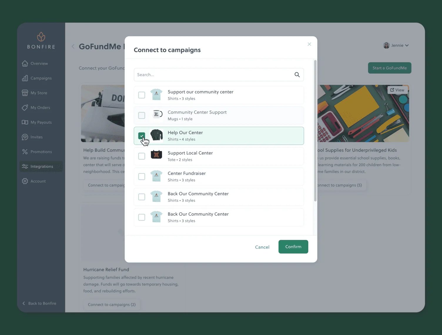 Connect to campaigns dialog