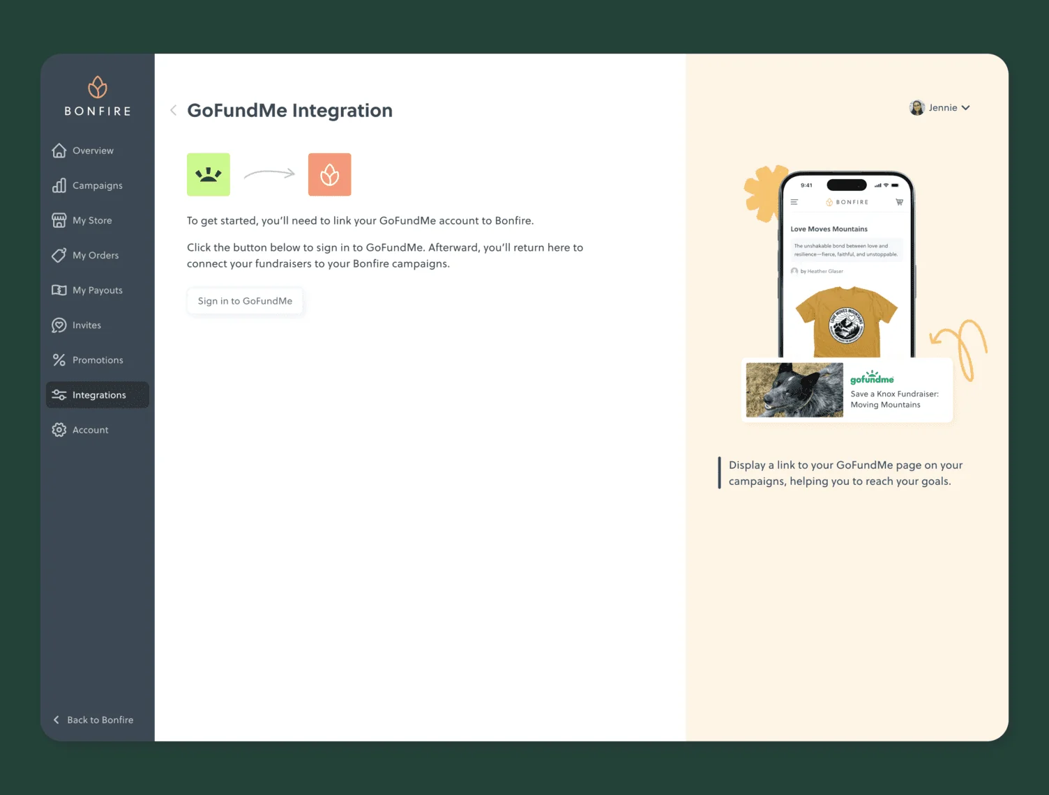 GoFundMe integration page for linking your account to Bonfire