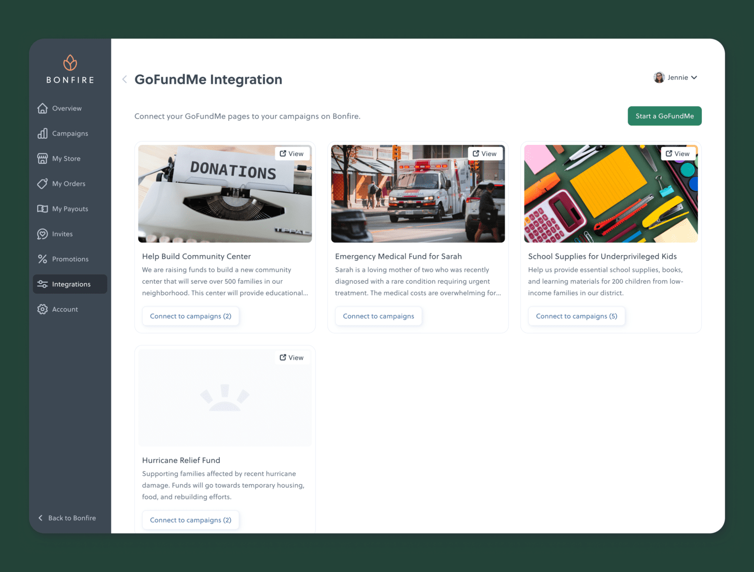 GoFundMe Integration dashboard showing campaign cards to connect to Bonfire