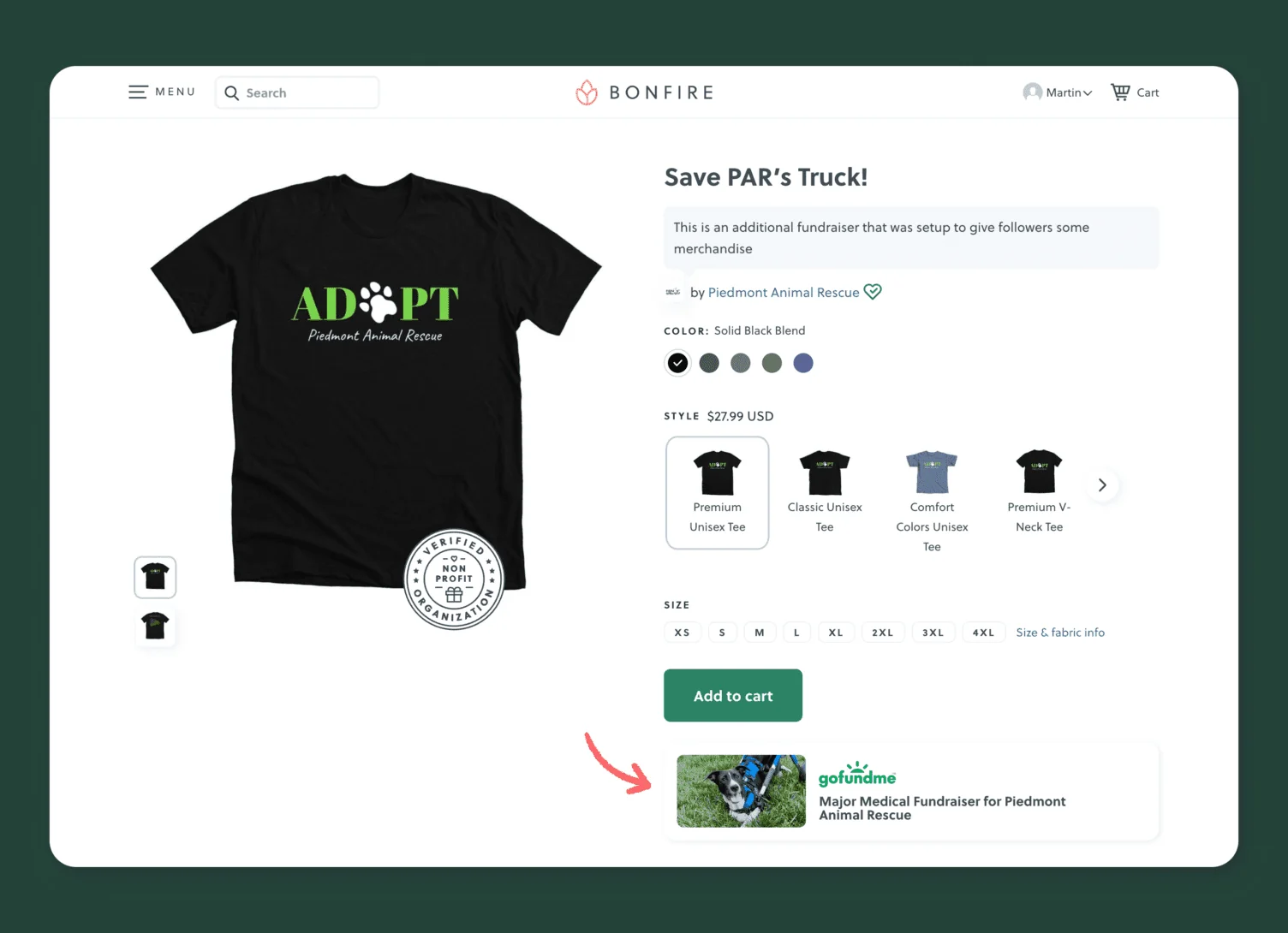 Black T-shirt with “ADOPT Piedmont Animal Rescue” logo and nonprofit seal