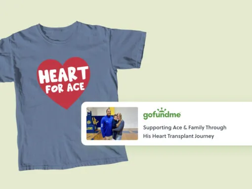 Blue T-shirt with a red heart reading “HEART FOR ACE” and a GoFundMe card for Ace’s heart transplant journey